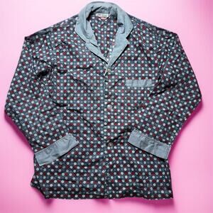 VINTAGE 70s Mod Lounge Shirt Size M Circle Print Gray Long Sleeve Retro